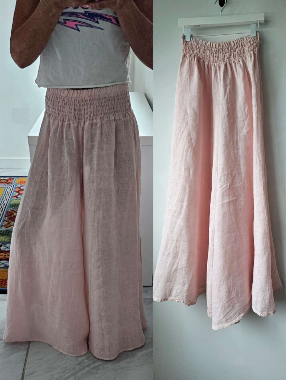 Pura Lino Blush Pink Linen Smocked Extra Wide Leg Pull On Pants
